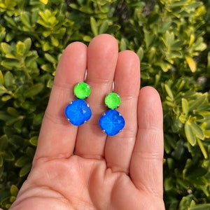 Neon Green & Neon Blue • Genuine Crystal 2 Stone Lever back Drop Earrings