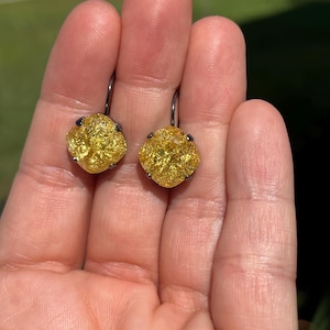 Black & Gold 12mm Cushion Cut Genuine Crystal Lever back Earrings