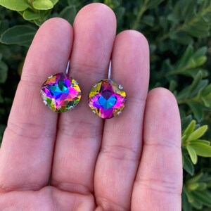 Rainbow 12mm Cushion Cut Genuine Crystal Lever back Drop Earrings