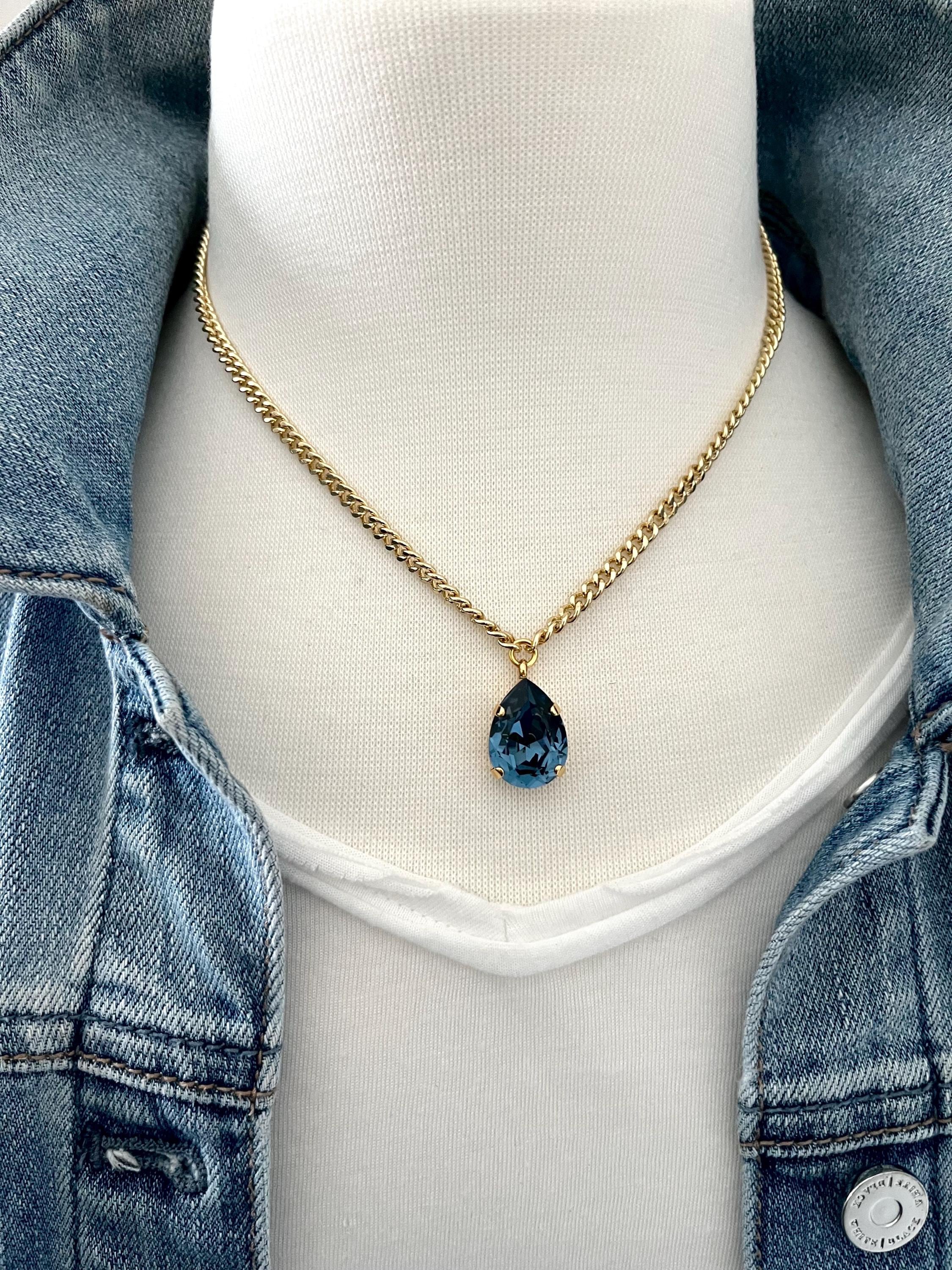 Denim Blue 18x13 Pear Genuine Austrian Crystal Necklace