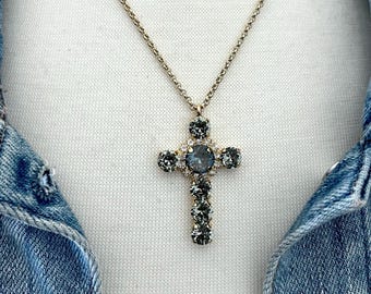 Black Diamond Petite Cross Necklace • Genuine Austrian Crystal Necklace