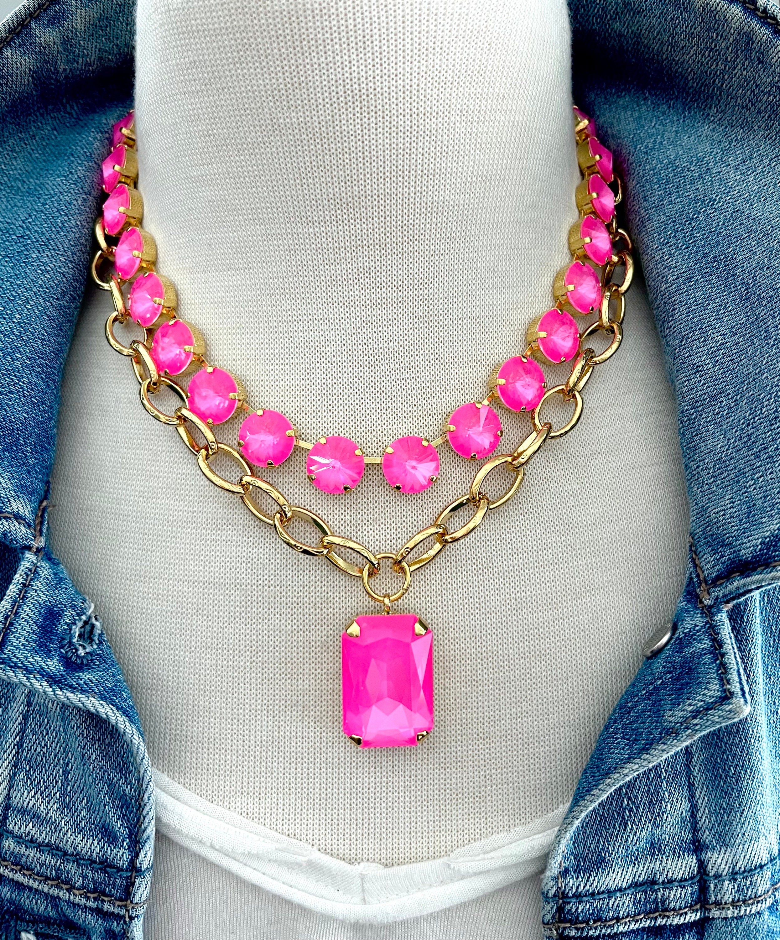 KAMIYA Mexican Beads Necklace ピンク Electric Pink 12mm Genuine Austrian Crystal Necklace Layered With