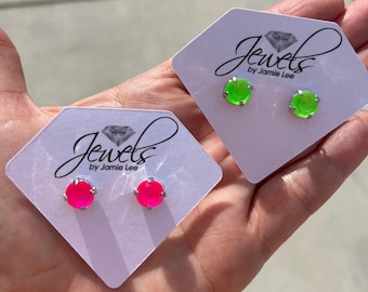 Neon Pink or Neon Green • 8mm Genuine Crystal Stud Earrings