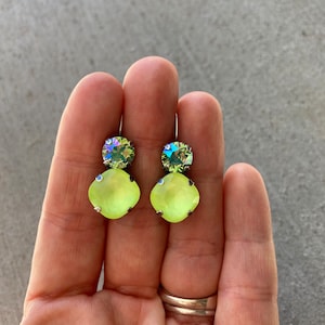 Peridot Glacier & Neon Yellow • Genuine Crystal 2 Stone Lever back Drop Earrings