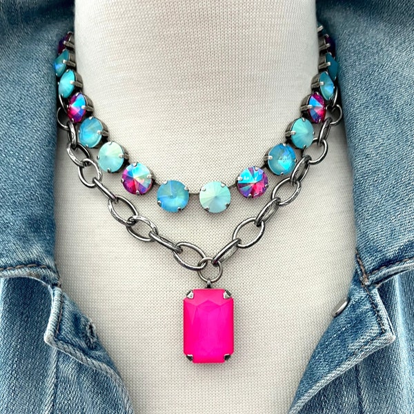 Icy Blue Choker Layered with a 27mm Neon Pink Crystal Necklace