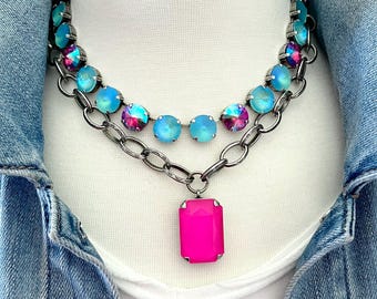 Icy Blue Choker Layered with a 27mm Neon Pink Crystal Necklace