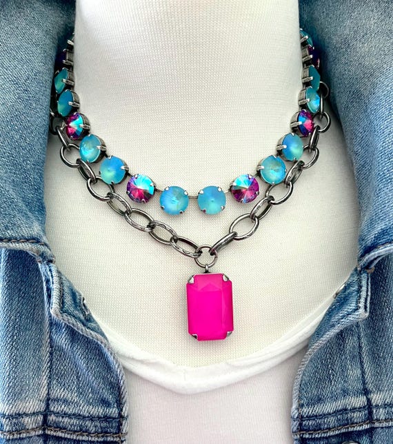 Crystal Rhinestone Statement Necklace, Vintage Chunky Chain Choker Collar Bib Statement Necklace Fashion Costume Jewelry Necklaces For Women