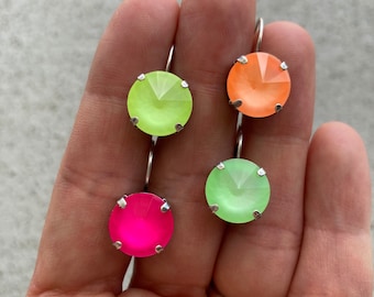 Neon Pink, Orange, Green, Yellow • 12mm Genuine Crystal Lever back Drop Earrings