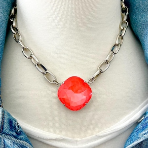 Electric Orange 27mm Cushion Cut Genuine Austrian Crystal Necklace