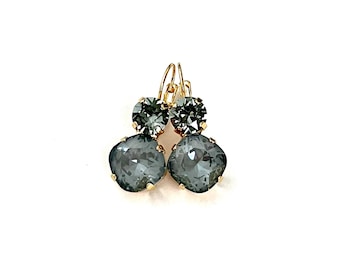 Dark Grey Ignite & Black Diamond • Genuine Austrian Crystal 2 Stone Lever back Drop Earrings