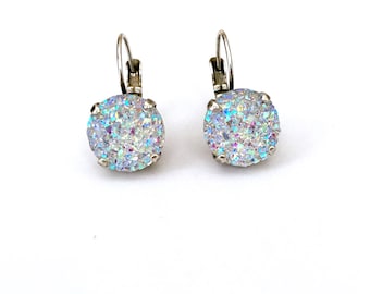 Iridescent Faux Druzy • 12mm Lever back Drop Earrings