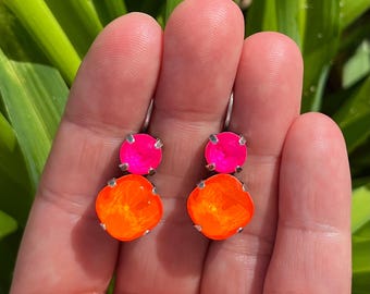 Neon Pink & Neon Orange • Echte Kristall 2 Stein Hängeohrringe