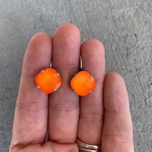 Neon Orange 12mm Cushion Cut Genuine Crystal Lever back Drop Earrings