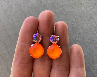 Rose Peach Glacier & Neon Orange • Genuine Crystal 2 Stone Lever back Drop Earrings