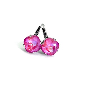 Lotus Pink DeLite 12mm Cushion Cut Genuine Austrian Crystal Lever back Drop Earrings