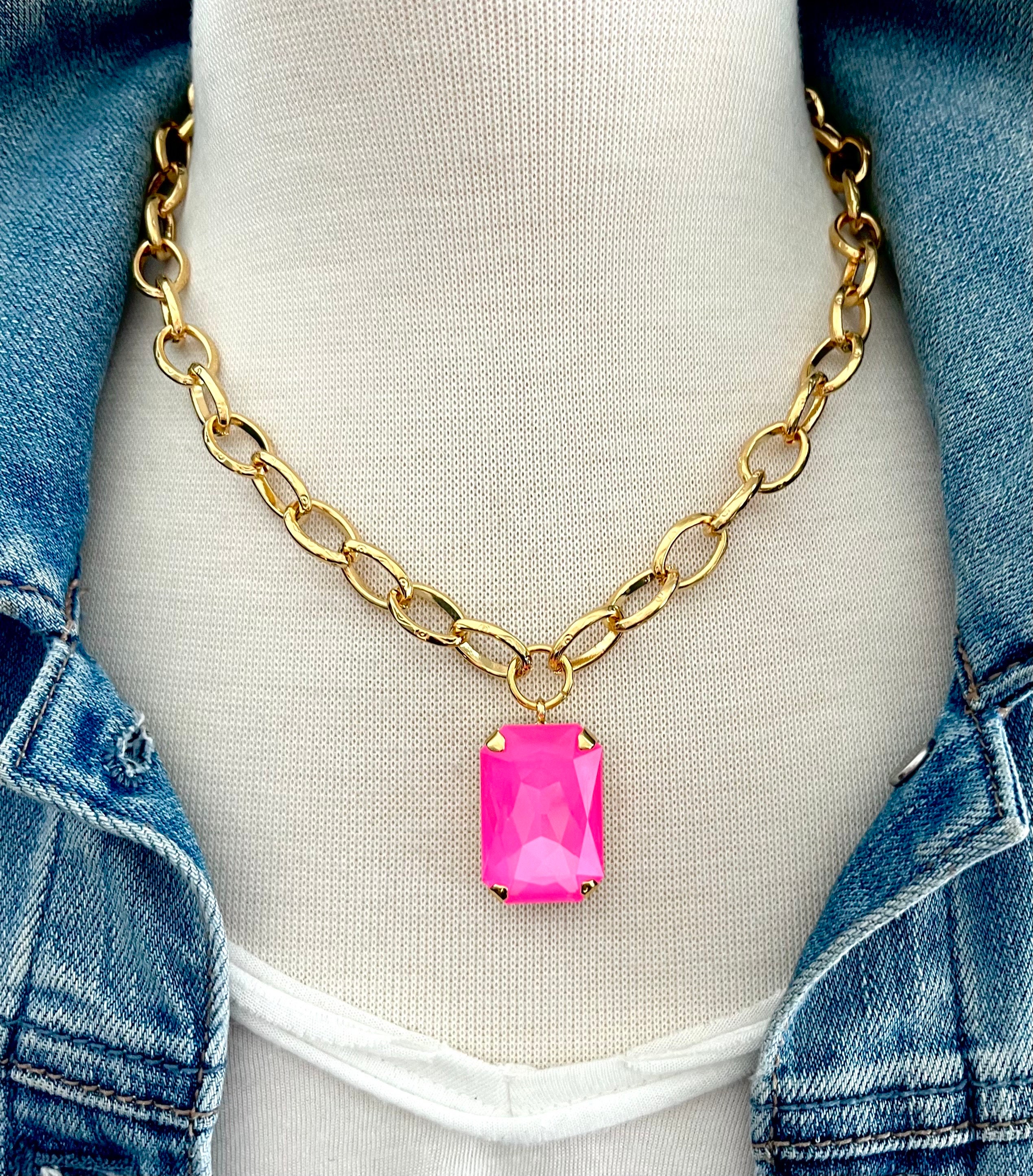 Electric Pink 12mm Genuine Austrian Crystal Necklace Layered With