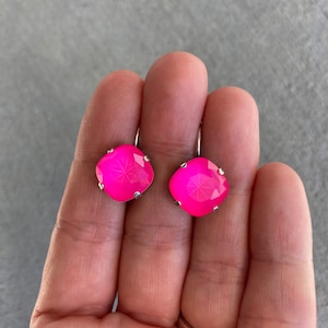 Neon Pink 12mm Cushion Cut Genuine Crystal Lever back Drop Earrings