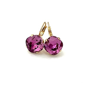 Dark Rose 12mm Cushion Cut Genuine Austrian Crystal Lever Back Earrings