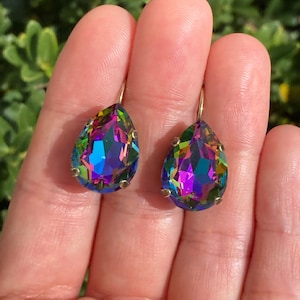 Rainbow • 18x13mm Pear Genuine Crystal Lever back Earrings