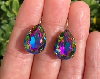 Rainbow • 18x13mm Pear Genuine Crystal Lever back Earrings