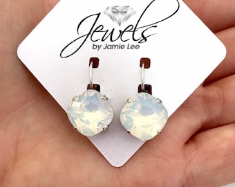 White Opal 12mm Cushion Cut Genuine Austrian Crystal Lever back Drop Earrings