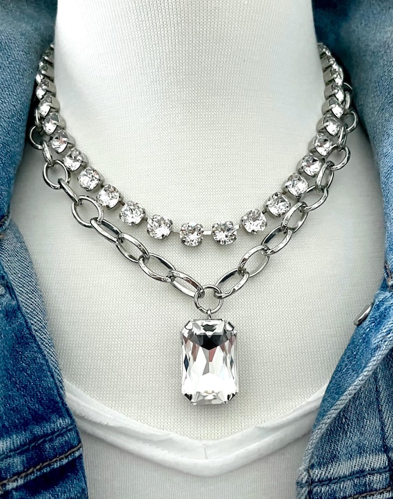 Haute Couture • 8mm Genuine Austrian Crystal Necklace layered with a 27mm Isabella Pendant in Clear Crystal