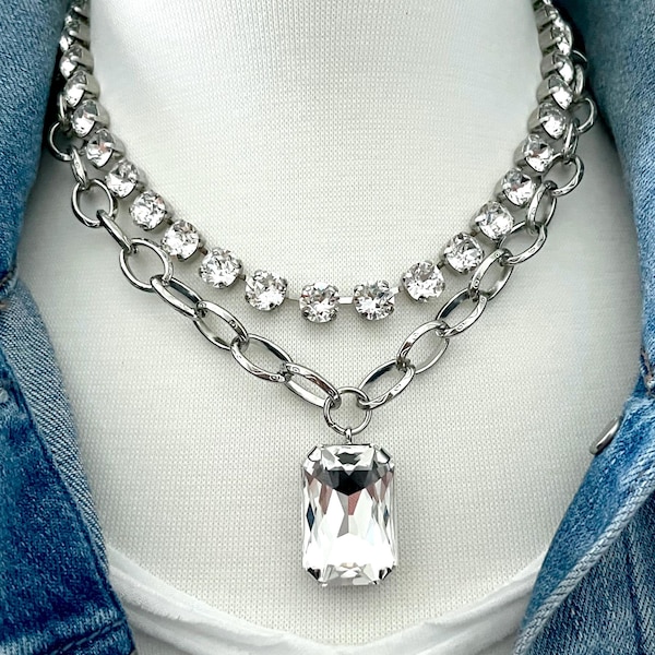Haute Couture • 8mm Genuine Austrian Crystal Necklace layered with a 27mm Isabella Pendant in Clear Crystal