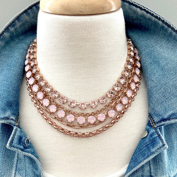 Vintage Rose, Rose Opal, 3 Layer Chain Necklace Set in Rose Gold • 8mm Genuine Austrian Crystal Necklace