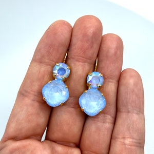 Sky Blue & Sky Blue AB • Genuine Crystal 2 Stone Lever back Drop Earrings