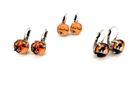 Halloween 12mm Leverback Drop Earrings • Witch, Cat, Trick or Treat