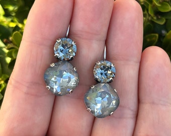 Dark Grey Ignite & Black Diamond • Genuine Austrian Crystal 2 Stone Lever back Drop Earrings