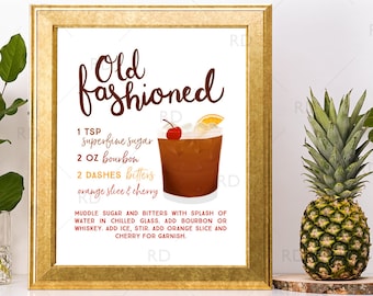 Old Fashioned  Cocktail with Recipe - PRINTABLE Wall Art / Cocktails Mixed Drinks Wall Art / Hand Drawn Cocktails / Cocktail Print