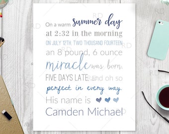 Birth Announcement PRINTABLE / Wall Art / Date of Birth Art / Nursery Art / Baby Art / Personalized Art / Custom Colors