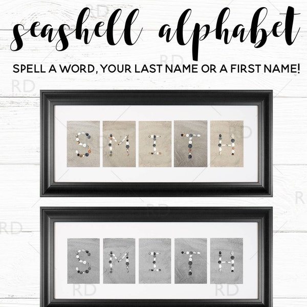 Seashell Letter Alphabet - PRINTABLE Wall Art / Color AND Black and White | Last Name in Seashells / Seashell Word Art / Beach Alphabet