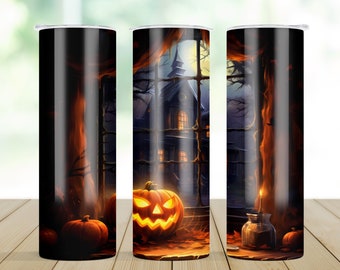 Spooky Halloween Jack O Lantern in Window with Haunted House / 20oz Skinny Tumbler Wrap Tumbler Templates - Straight, Tapered Sublimation