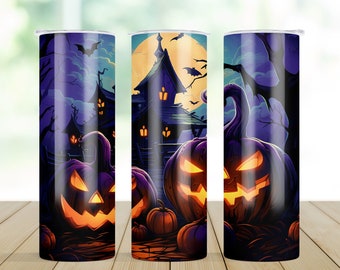 Halloween Spooky Jack O Lanterns and Haunted House / 20oz Skinny Tumbler Wrap Tumbler Templates - Straight and Tapered Sublimation Patterns