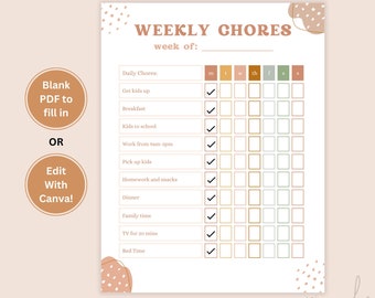 Weekly To Do List | Weekly Chore Chart | Boho Themed Chore Chart | To Do List Printable | Chore Chart Printable | Edit easily using Canva