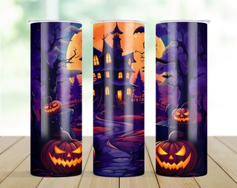 Spooky Halloween Jack O Lanterns and Haunted House / 20oz Skinny Tumbler Wrap Tumbler Templates - Straight and Tapered Sublimation Patterns