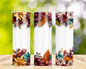 Autumn Floral Pattern Fall Colored Flowers Border / 20 oz Skinny Tumbler Wrap Sublimation Design - Straight and Tapered Designs