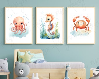 Watercolor style sea creatures three pack - PRINTABLE Wall Art / Seahorse, Octopus and Crab Printables / Nautical Nursery Wall Art