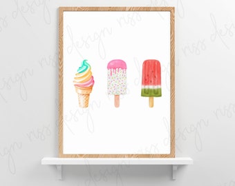 May include: A watercolor illustration of three summer treats: a pink, yellow, and blue ice cream cone, a pink and white popsicle with sprinkles, and a red and green watermelon popsicle.