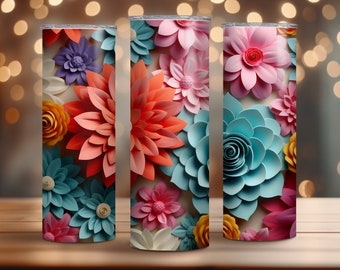 Vibrant Bright Colors 3D Flowers Tumbler Wrap Pattern / 20oz Skinny Tumbler Wrap Tumbler Templates - Straight and Tapered