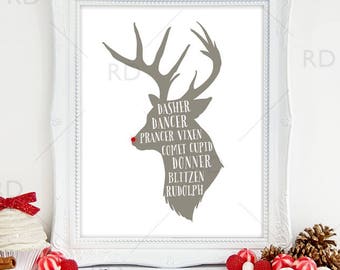 Reindeer Names - PRINTABLE Wall Art / Reindeer Names Wall Art / Christmas Print / Christmas Lyrics Art / Dasher Dancer Prancer Vixen Rudolph