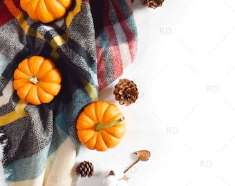 Fall Autumn Themed Desk Mockup / Styled Stock Photography / Mockup / Styled Photo for Blog Website / Desk Mockup Pumpkins, Scarf, Pinecones