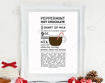 Peppermint Hot Chocolate Cocktail Recipe - PRINTABLE Wall Art / Holiday Drink Recipes Wall Art / Mixed Drinks Printable / Holiday Drinks