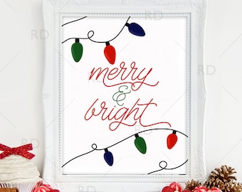 Merry and Bright - PRINTABLE Wall Art / Christmas Lights Wall Art Print / Christmas Printable / Christmas Lyrics / Merry & Bright Lyrics Art