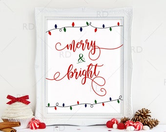 Merry and Bright PRINTABLE - holiday art / Christmas art / Xmas / Christmas Printable / Merry & Bright / Christmas Lights Bulbs / Red Green