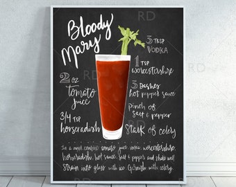 Bloody Mary Chalkboard Cocktail with Recipe - PRINTABLE Wall Art / Cocktails Mixed Drinks Wall Art / Hand Drawn Cocktails / Cocktails Print