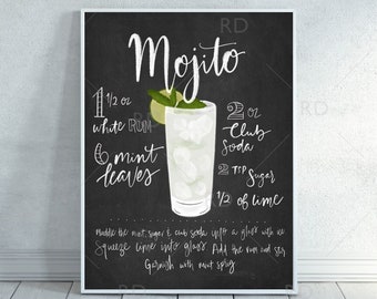 Mojito Chalkboard Cocktail with Recipe - PRINTABLE Wall Art / Cocktails Mixed Drinks Wall Art / Hand Drawn Cocktails / Cocktails Print