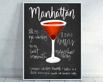 Cóctel Manhattan en pizarra con receta - Arte mural IMPRIMIBLE / Cócteles Arte mural de bebidas mixtas / Cócteles dibujados a mano / Impresiones de cócteles